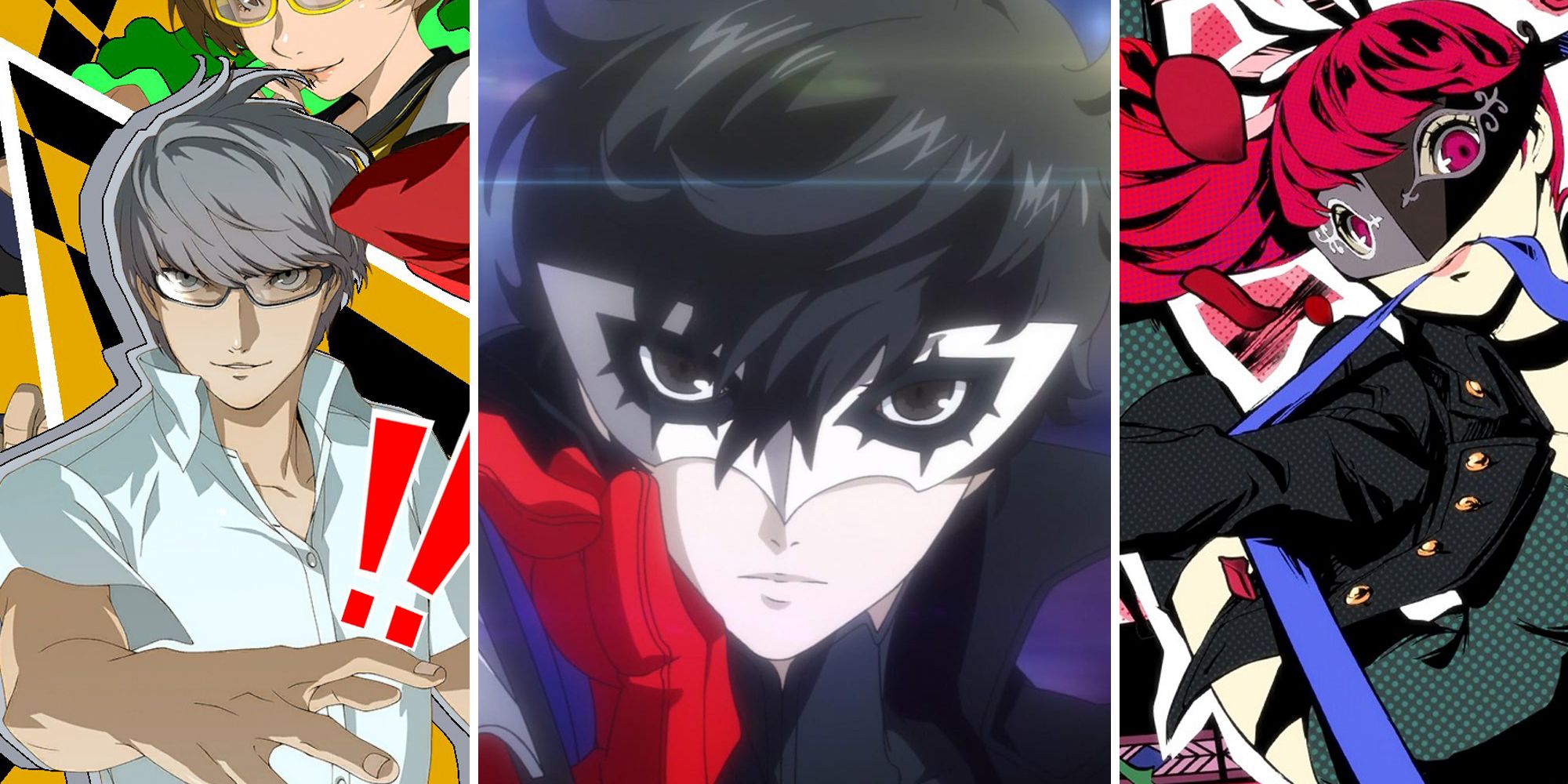 Split image three ways of Persona characters. The character Joker is in the middle.