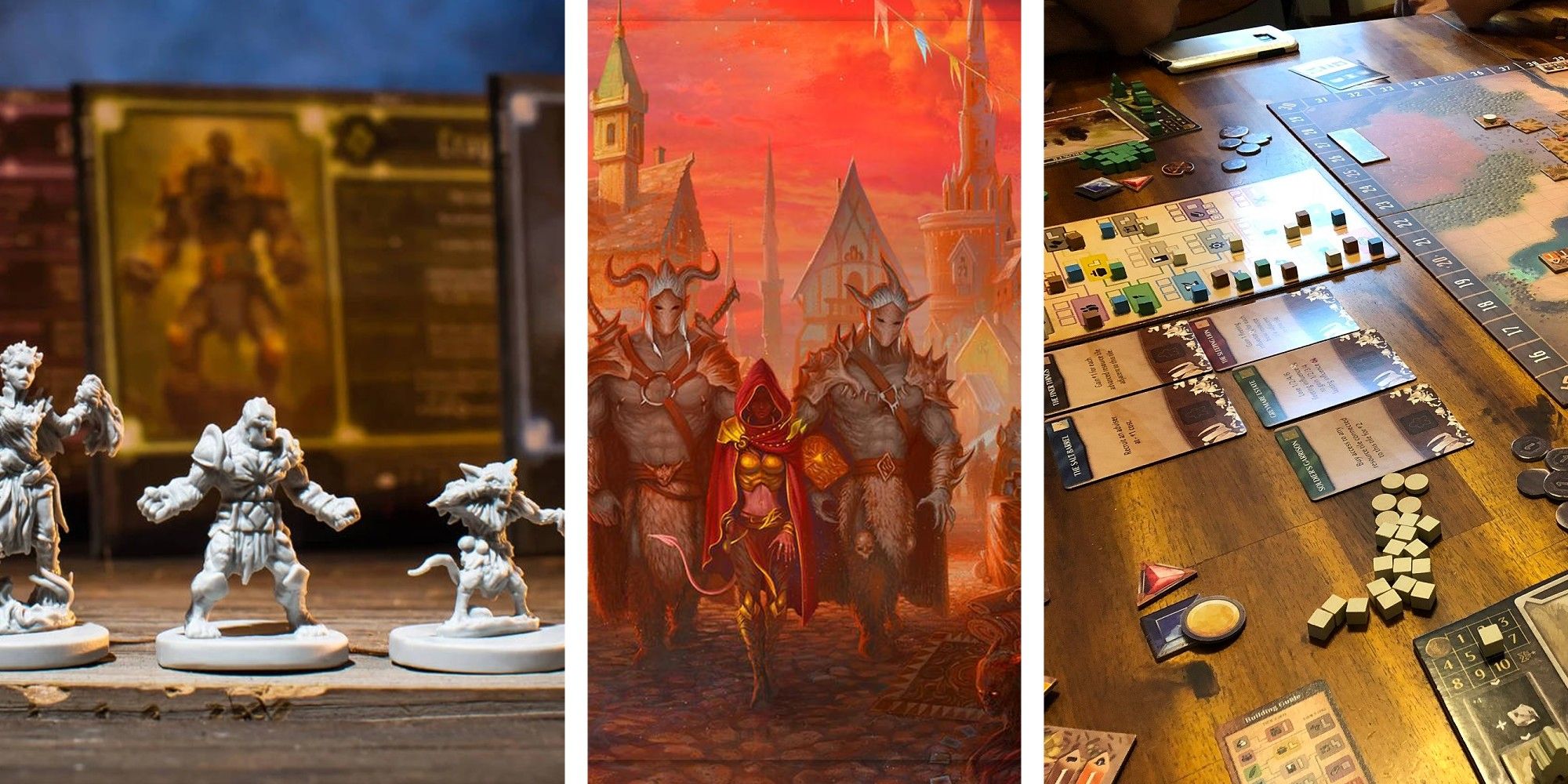 Gloomhaven figures, box art, and boards