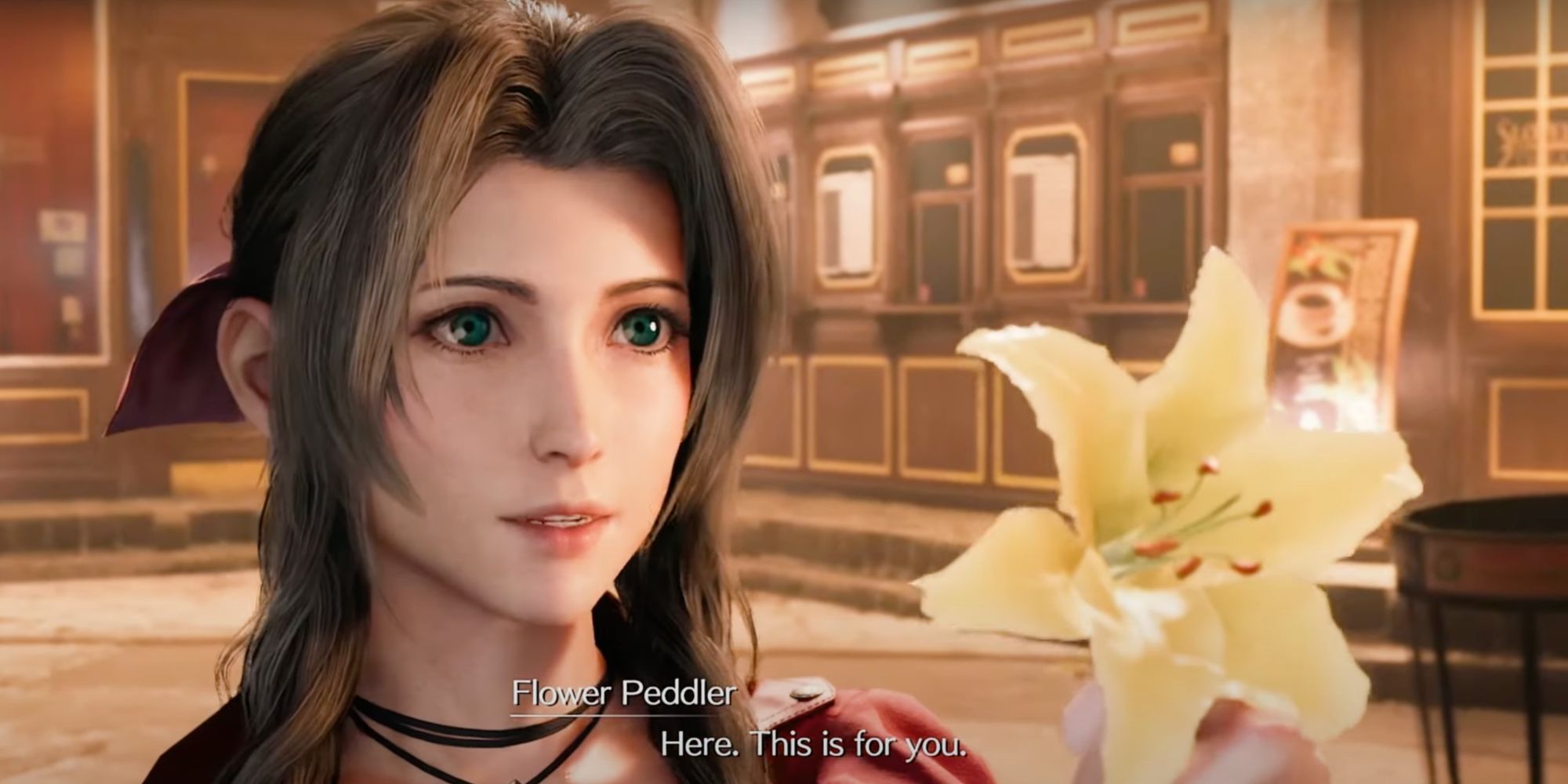 Aerith holds out a flower as thanks.
