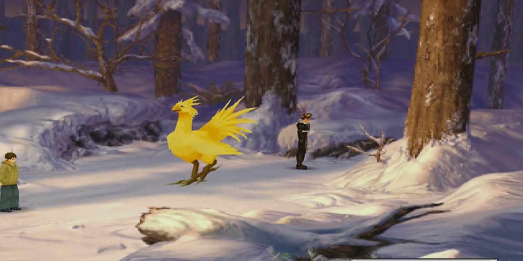 Squall stands in the snow next to a Chocobo in Final Fantasy 8.