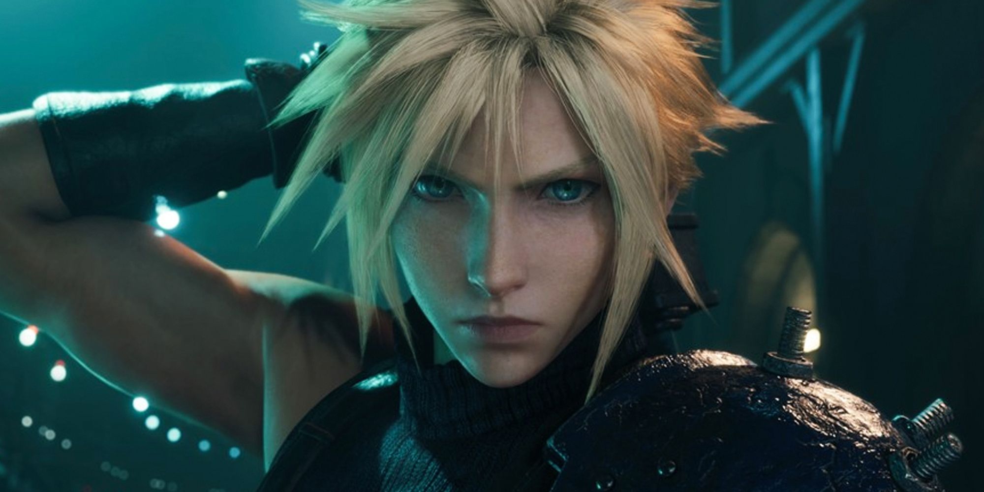 Final Fantasy Remake 7. Cloud reaching for his weapon.