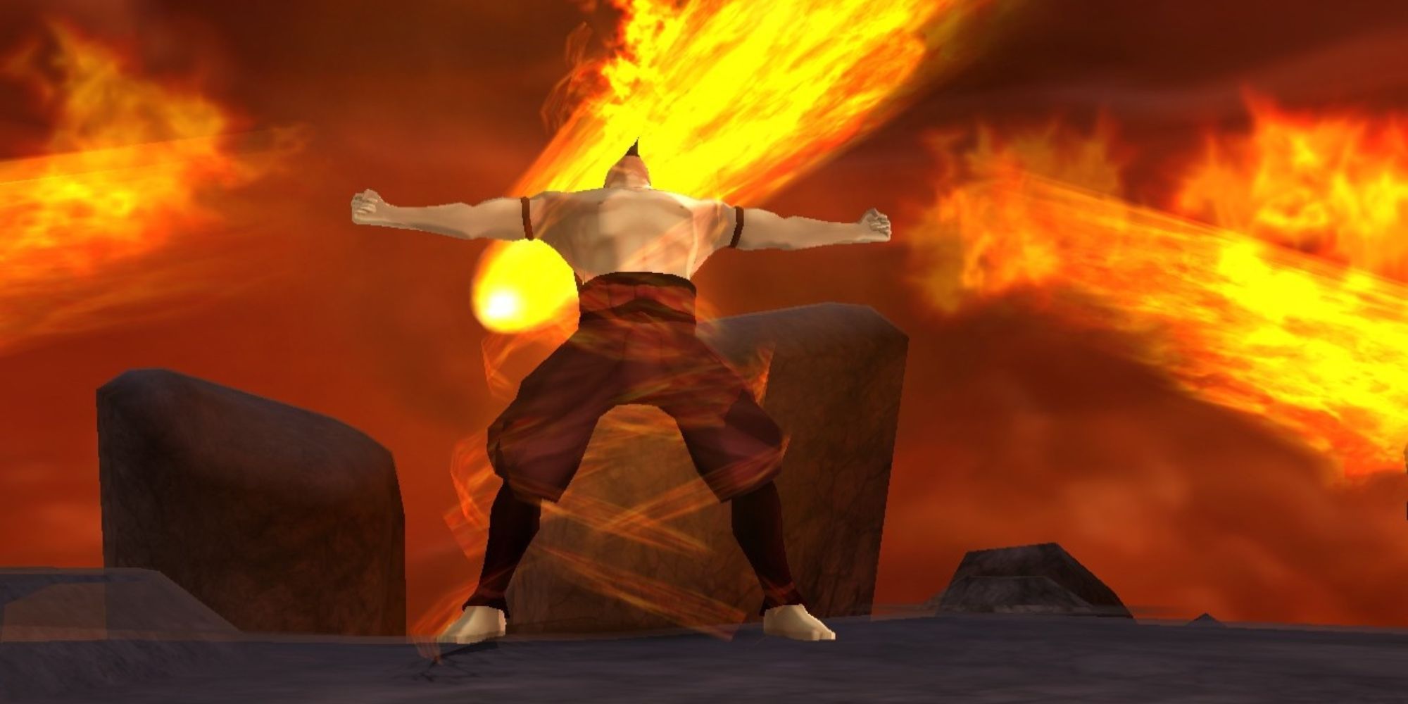Ozai stands with arms outstretched as flames shoot out around him
