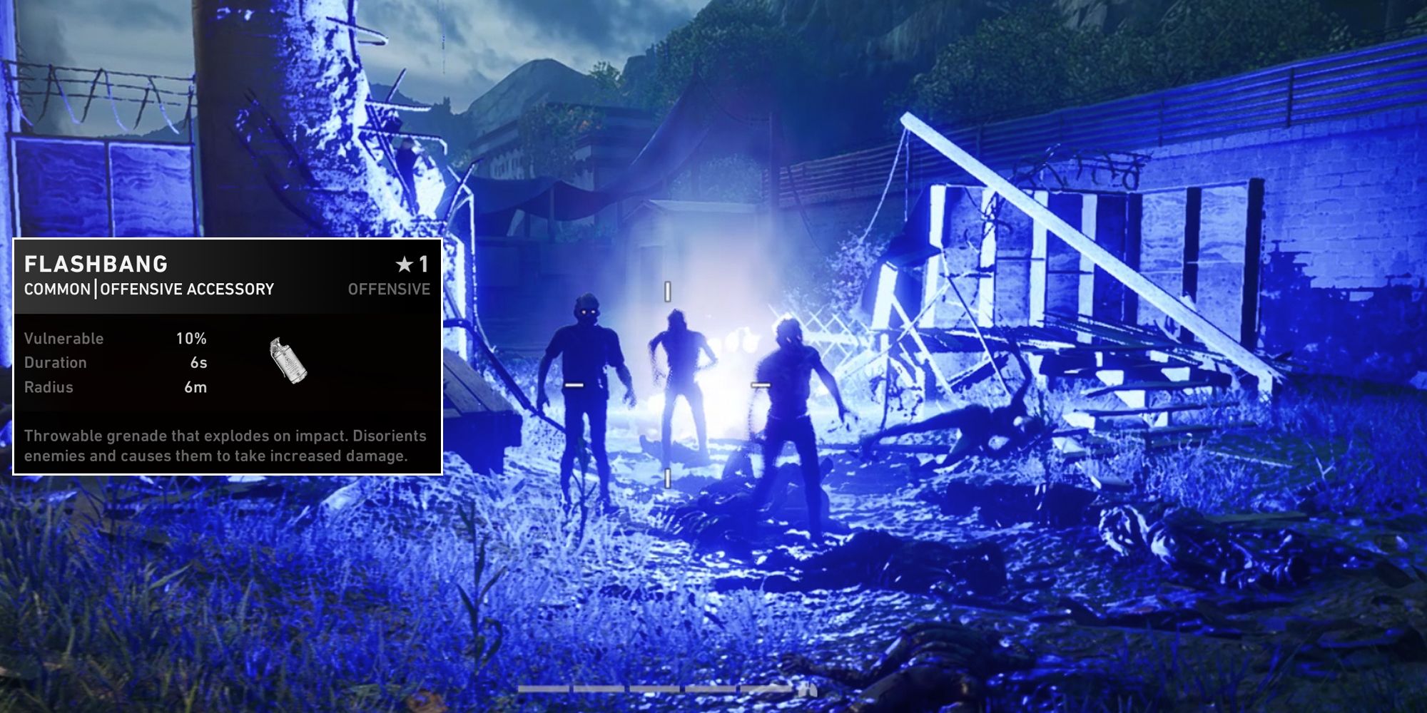 Back 4 Blood. Zombies stunned by flash grenade. Big blue beaming light on screen as well as flashbang details.