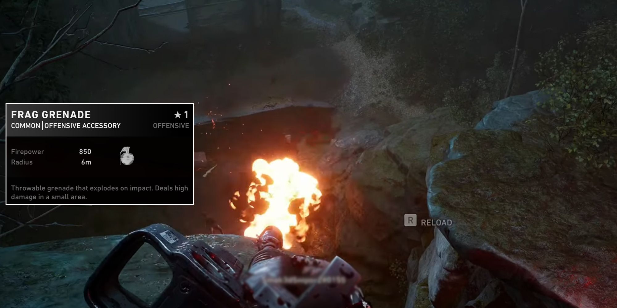 Back 4 Blood. Explosion on screen. Orange fire overtaking zombies. Frag Grenade details on screen.