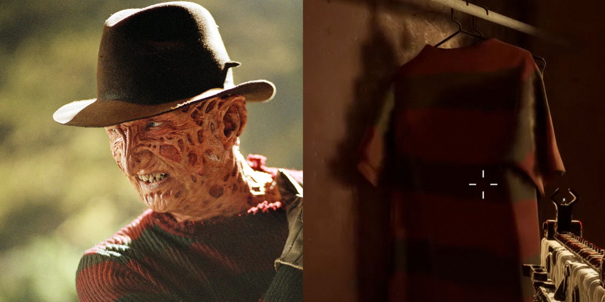 Nightmare On Elm Street, Back 4 Blood. Split image. Freddy Kreuger on left, easter egg of Freddy's shirt on the right.