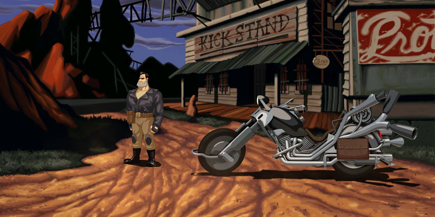 Full Throttle Cover Art, showing the main character and his bike in front of a wild west-themed saloon