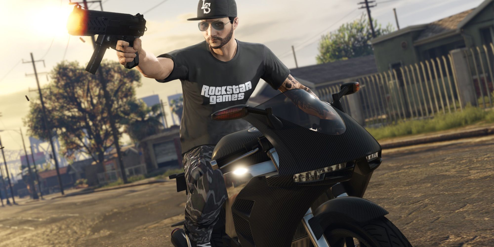 GTA online character shooting from a bike