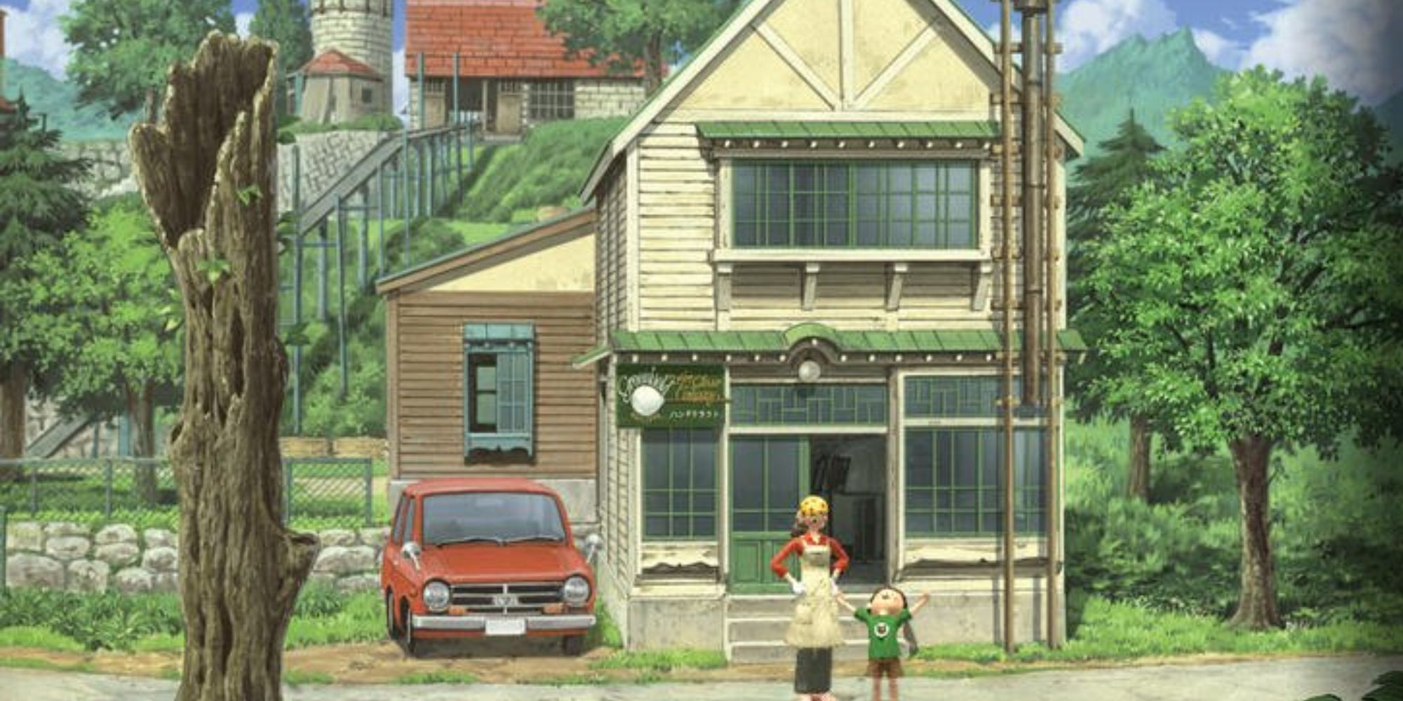 Games Like Studio Ghibli extreme wide shot of Boku and his mother in front of an old house in the Japanese countryside with trees either side of them