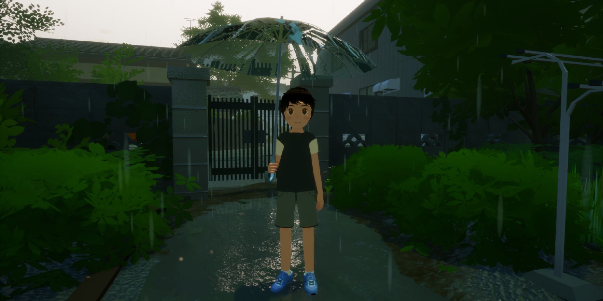 Games Like Studio Ghibli wide shot of a young boy holding an umbrella and standing in the rain in his front yard with a walled gate behind him