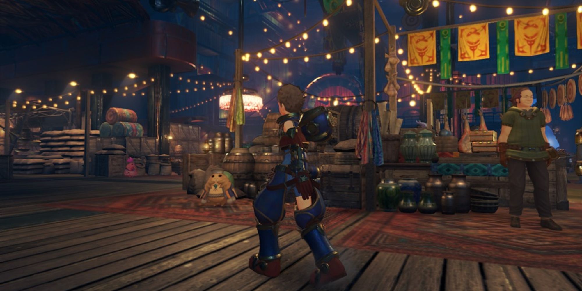 Games Like Studio Ghibli wide shot of Rex walking through a busy Argentum Trade Guild with hanging lights above him and market stalls surrounding him