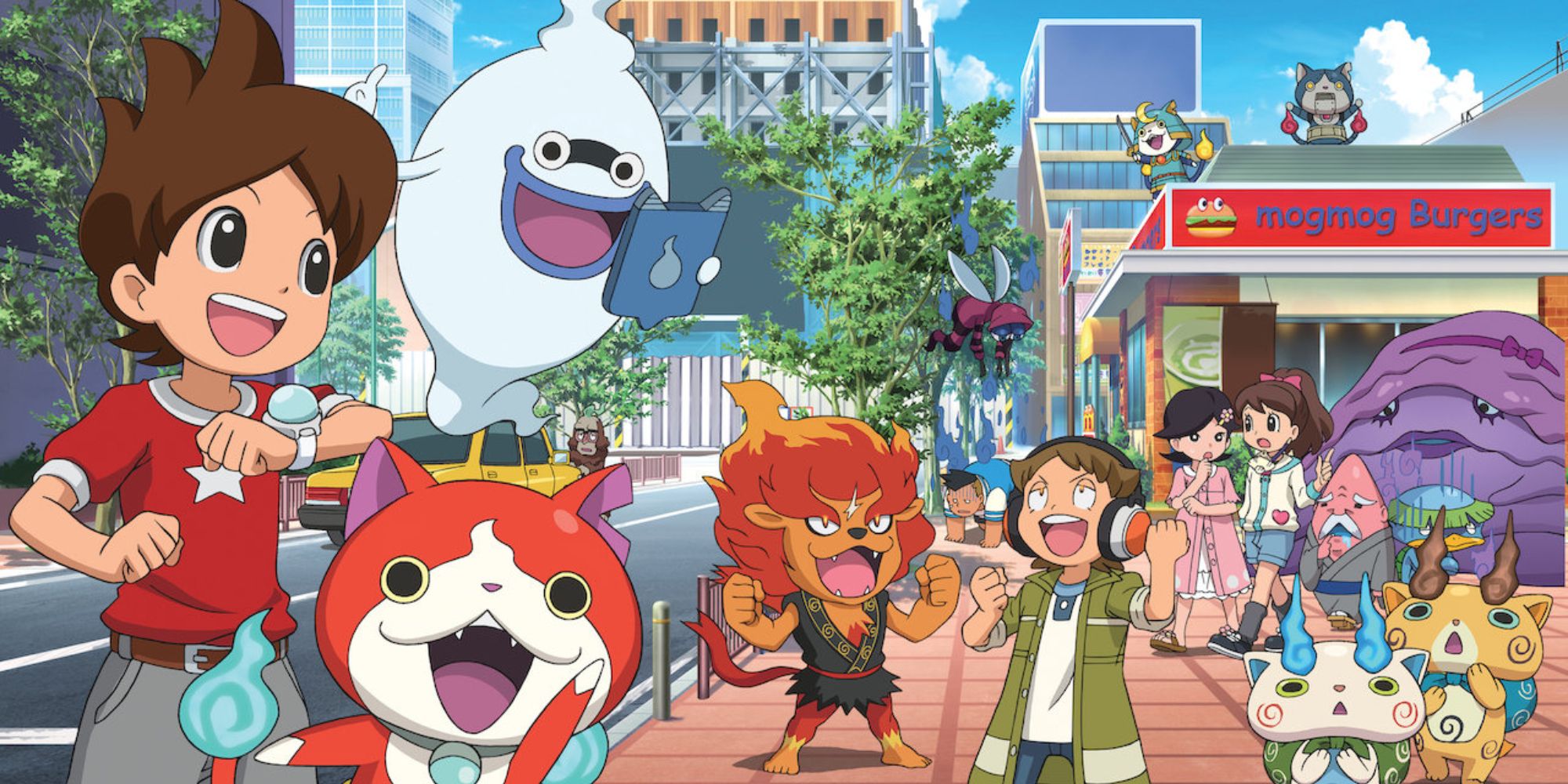 Games Like Studio Ghibli Nathan, Edward, Jibanyan and Whisper stood on a city street surrounded by spirits in front of a burger shop