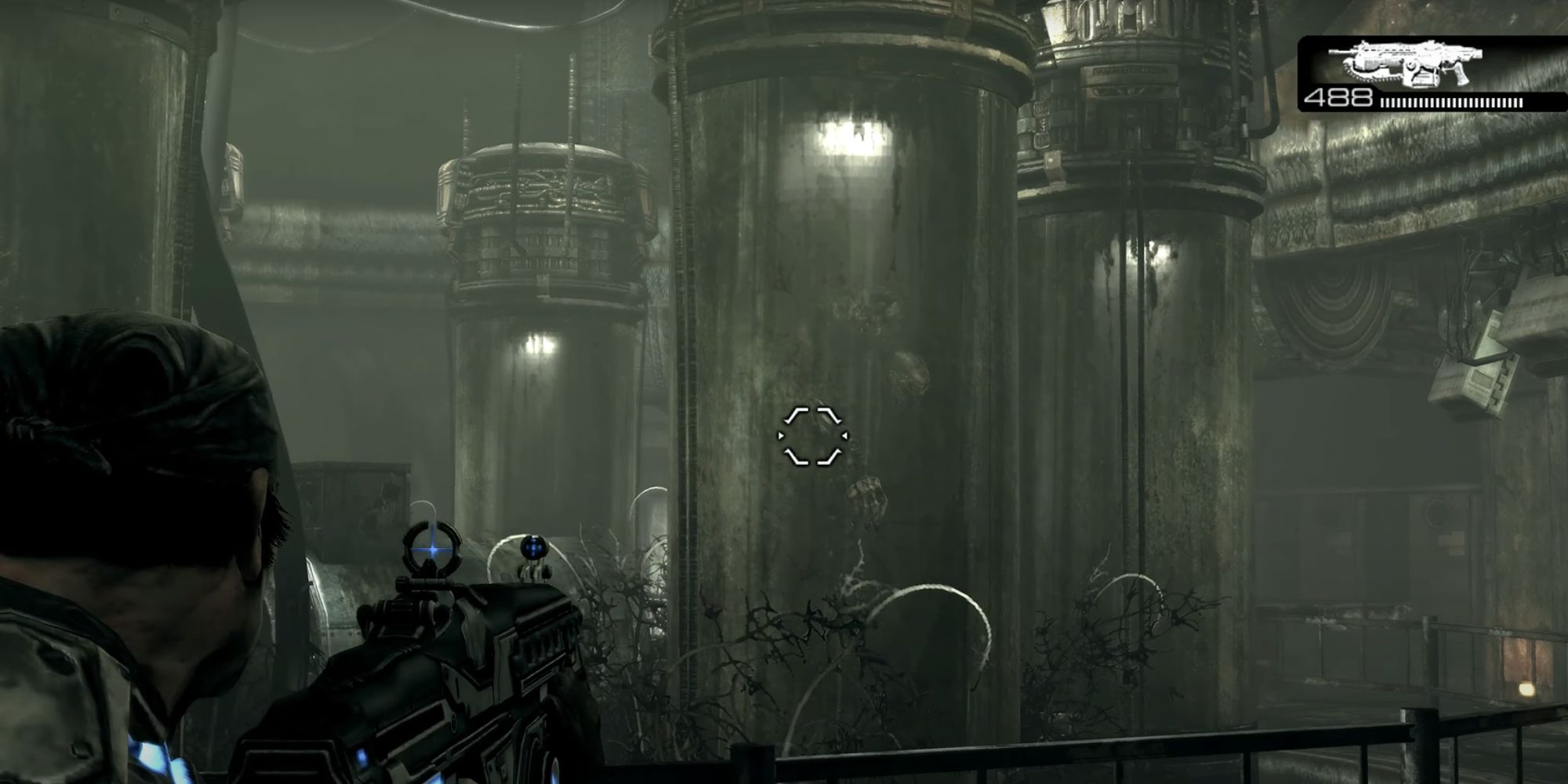 Gears Of War 2 Screenshot Of Marcus Aiming at New Hope Glass Tubes