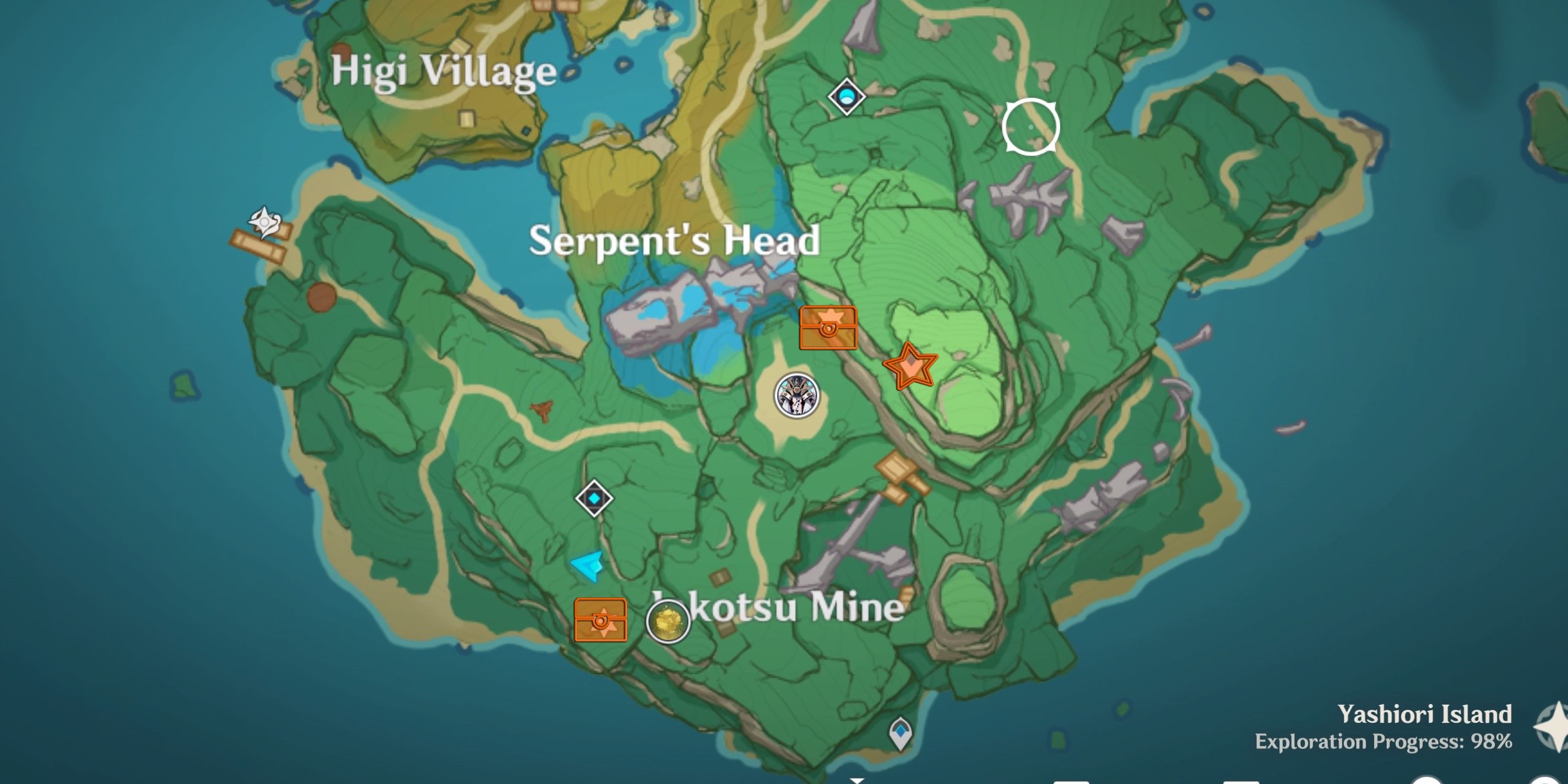 Genshin Impact: Shrine of Depth Map showing Yashiori Island, the map shows highlighted areas