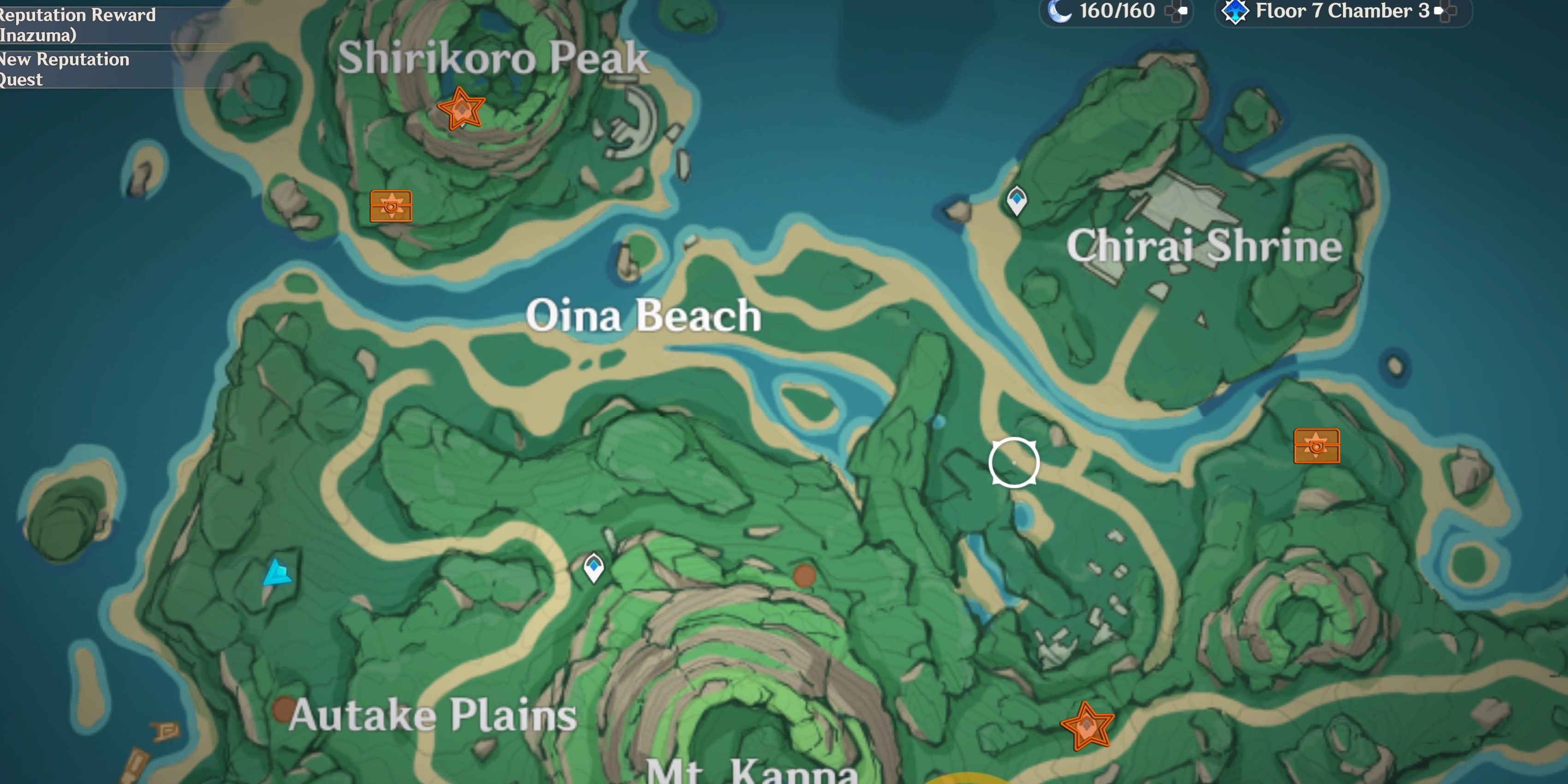 Genshin Impact Shrine of Depth Tsurumi Island, the map shows highlighted areas