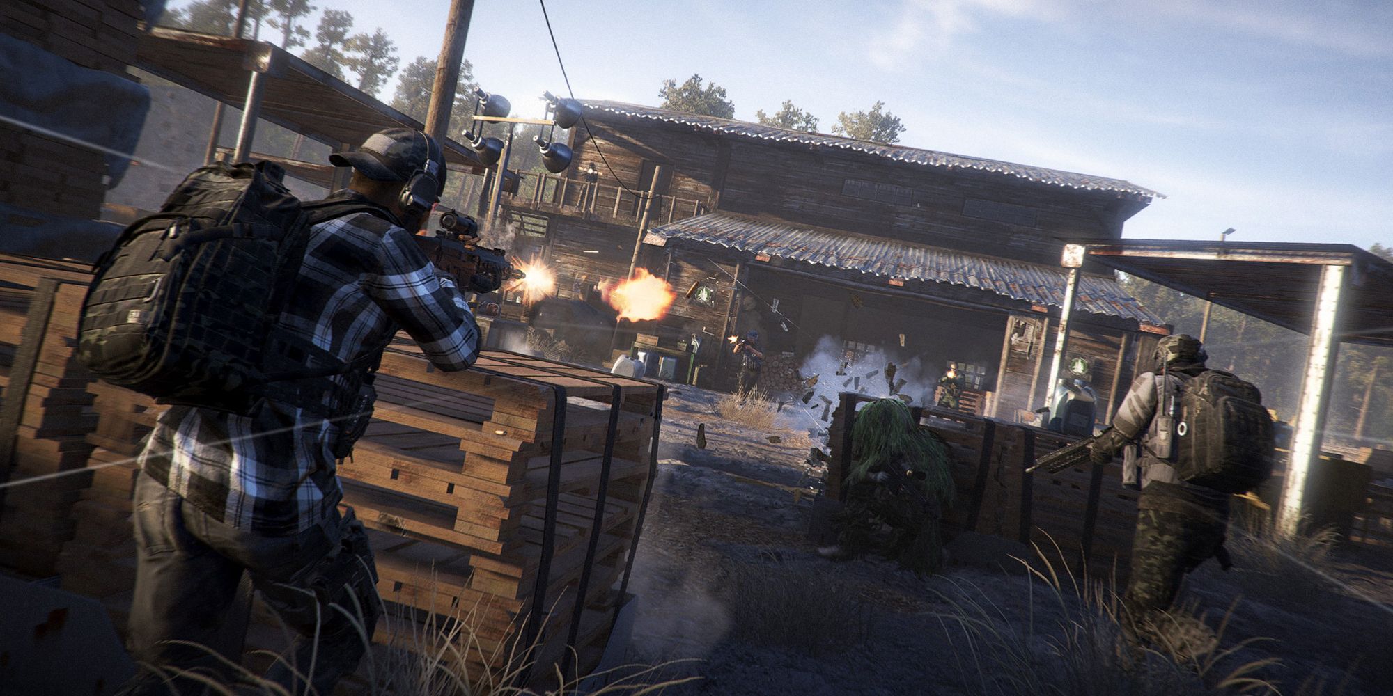Ghost Recon Wildlands. Characters aiming at the enemies up ahead. Boxes and wooden planks provided as cover.