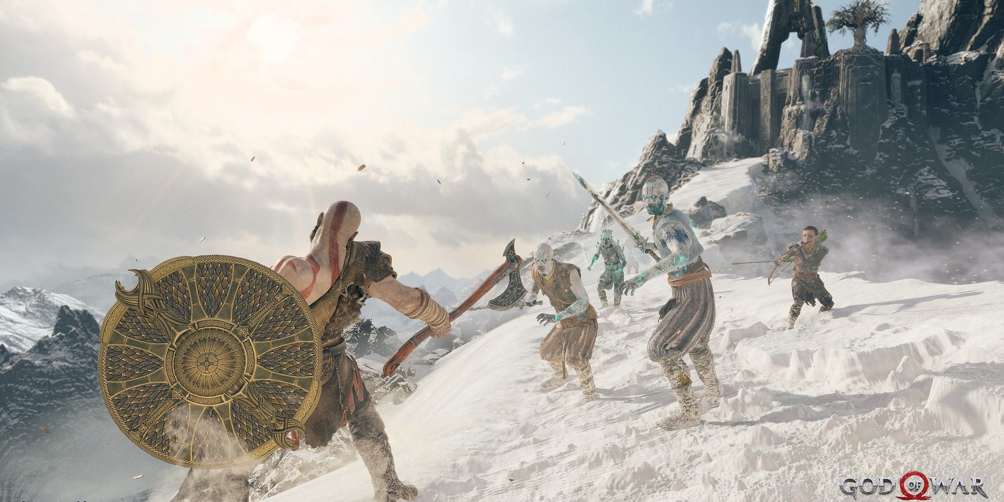 God Of War Kratos fighting draugr on mountain 