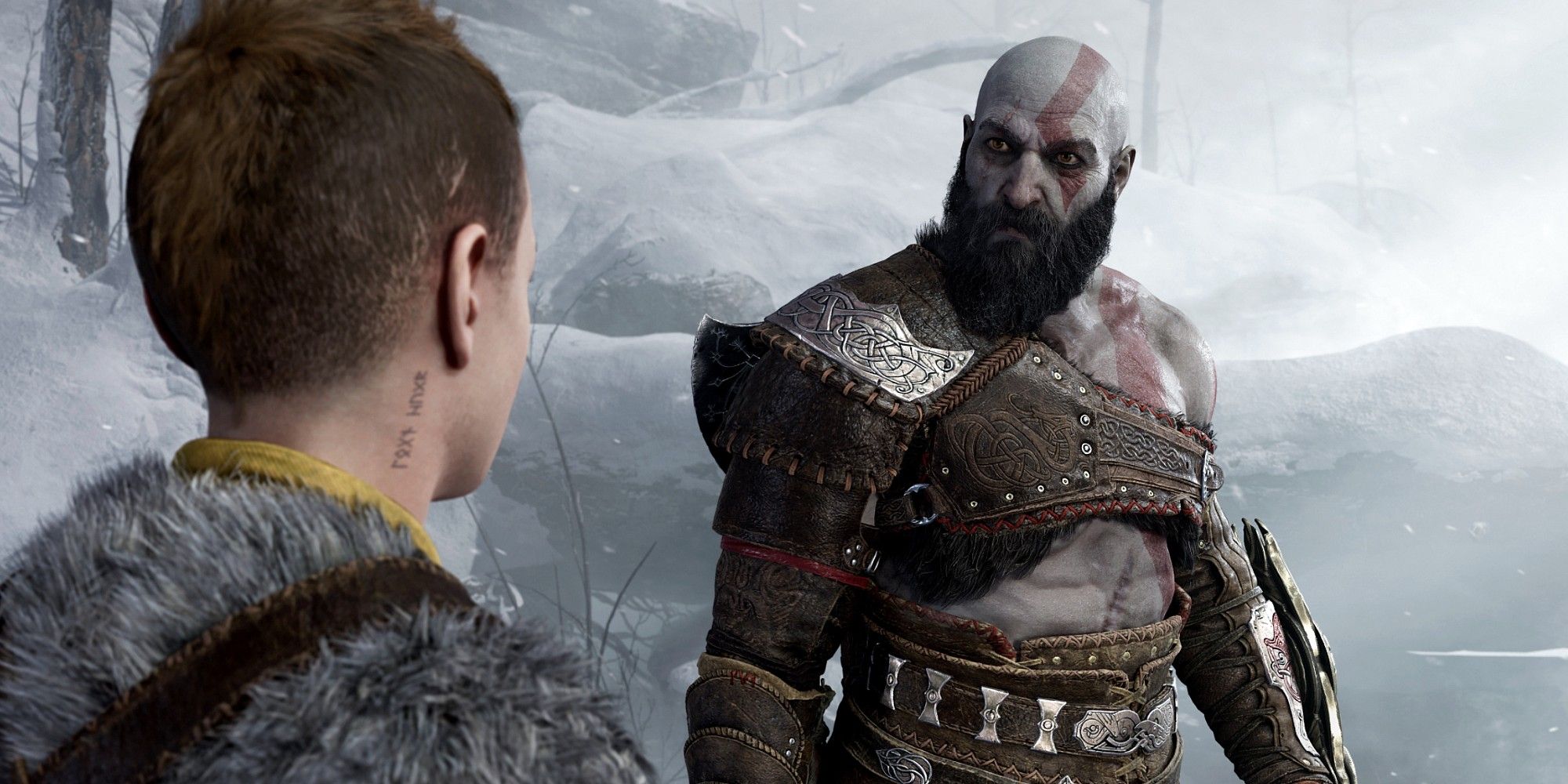 Screenshot from God of War featuring Kratos and Atreus talking
