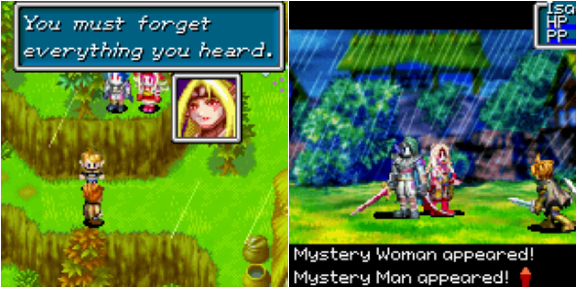 Split image of the first encounter with and the first fight with Saturos and Mendari from Golden Sun. They are labeled Mystery Man and Mystery Woman in the battle.