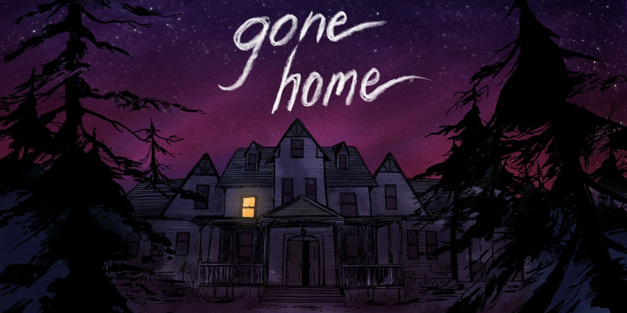 Gone Home purple night sky with house below, one window lit and title card middle top