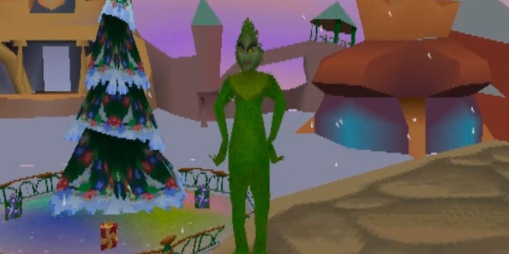 The Grinch PS1 screenshot The Grinch standing by Christmas tree 