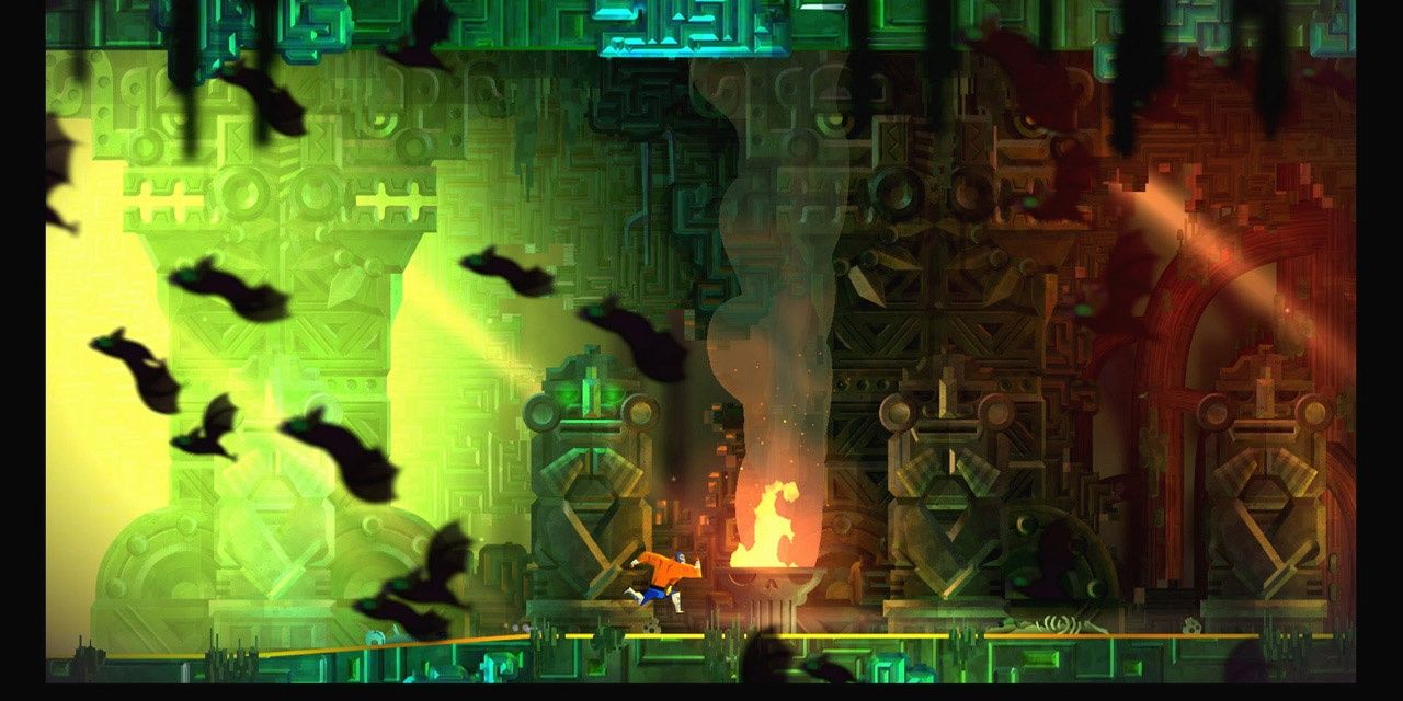 Guacamelee 2 Juan running through a temple with bats in the background
