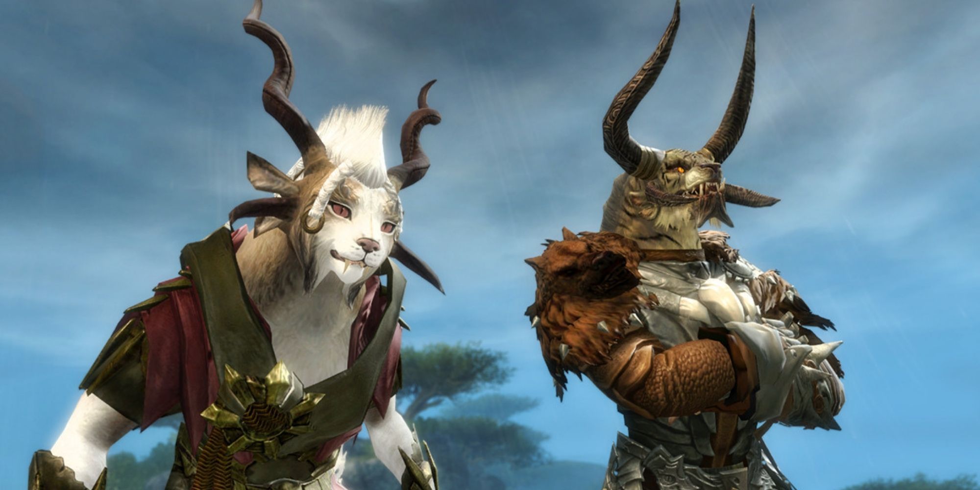 Guild Wars 2 - Screenshot of two char characters (male on right, female on left) standing side by side