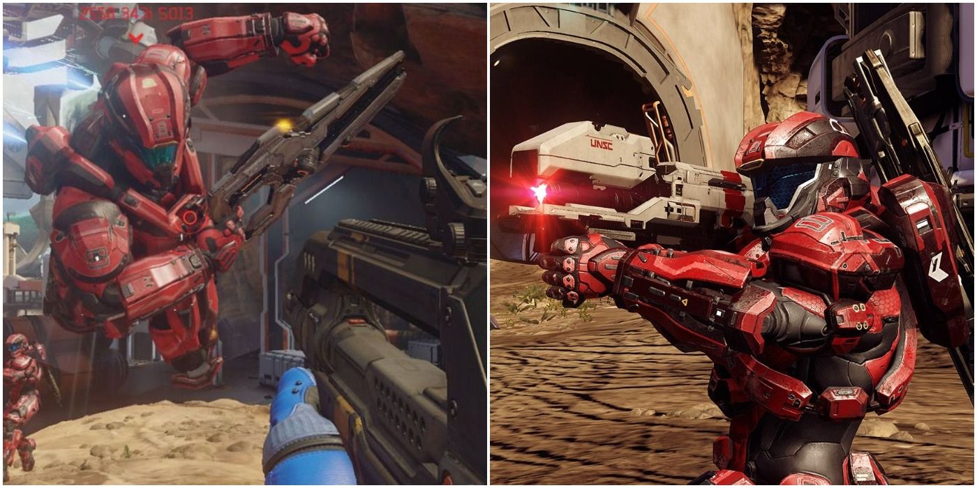  An enemy Spartan charges in (left) as another charges up a Spartan laser in Halo 5's multiplayer (right).