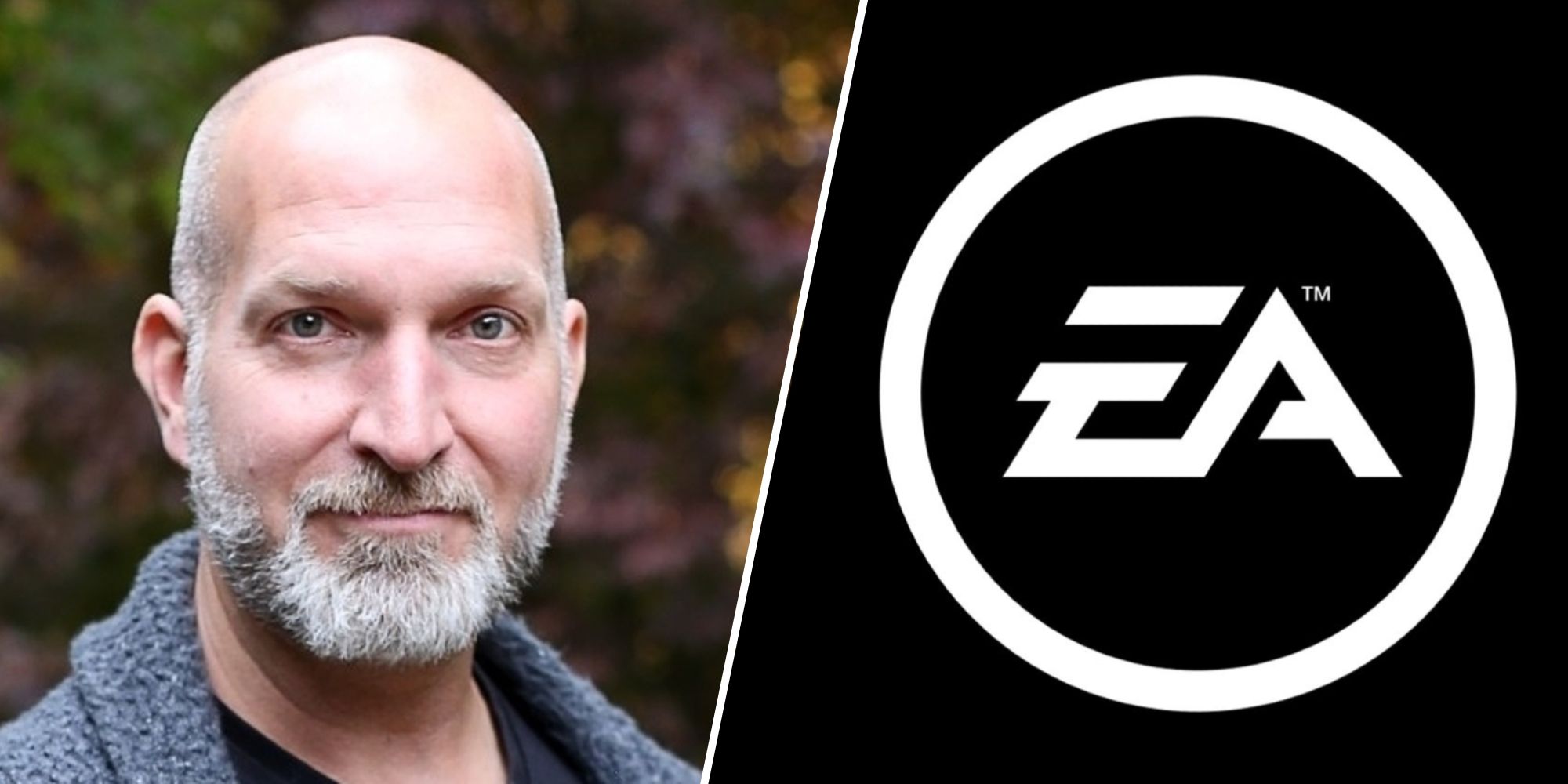 Two images: On the left is Halo co-creator Marcus Lehto, on the right is an EA logo