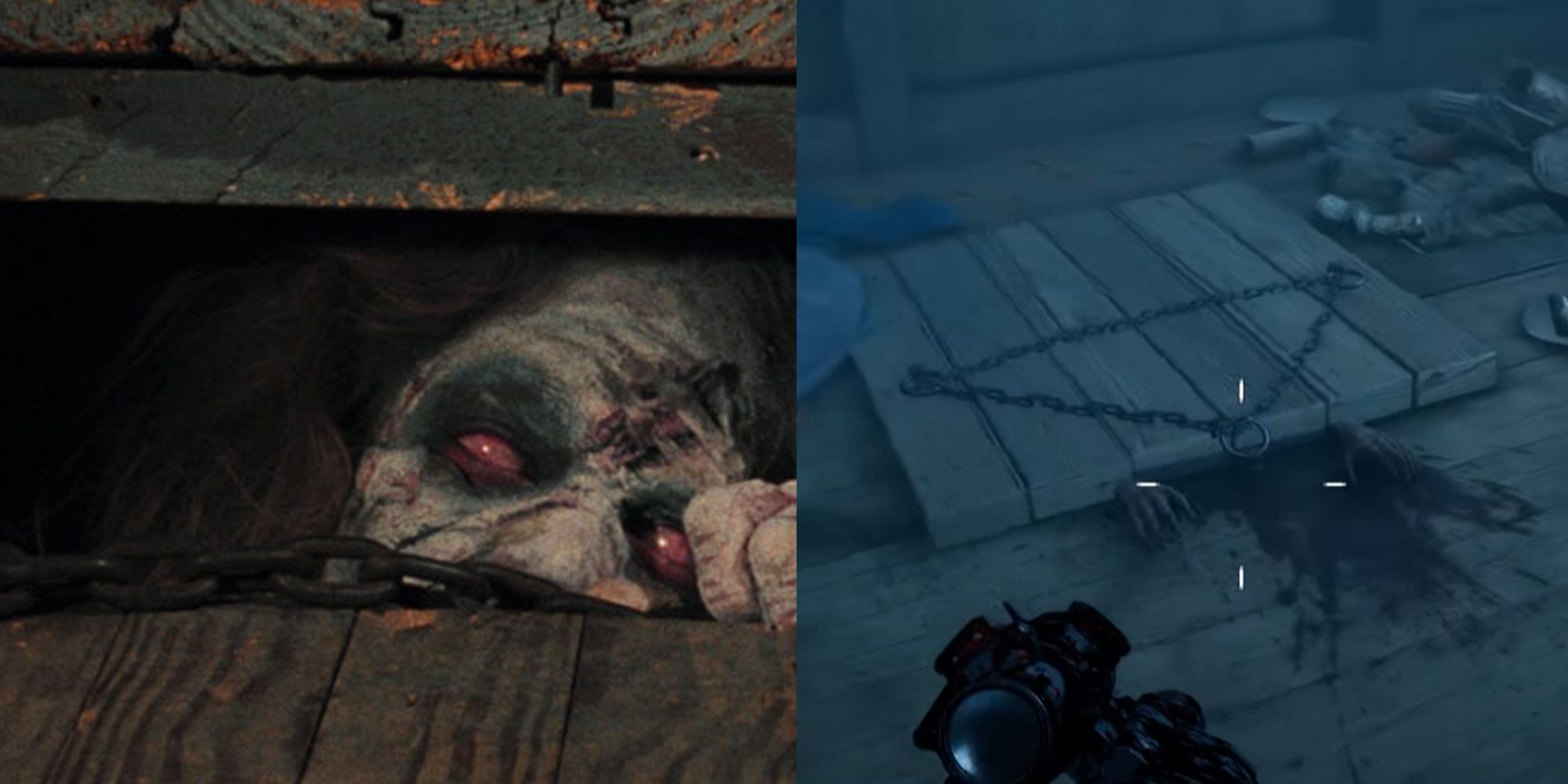The Evil Dead, Back 4 Blood. Split image. Screenshot of zombie from Evil Dead on the left, hatch from Back 4 Blood on the right.