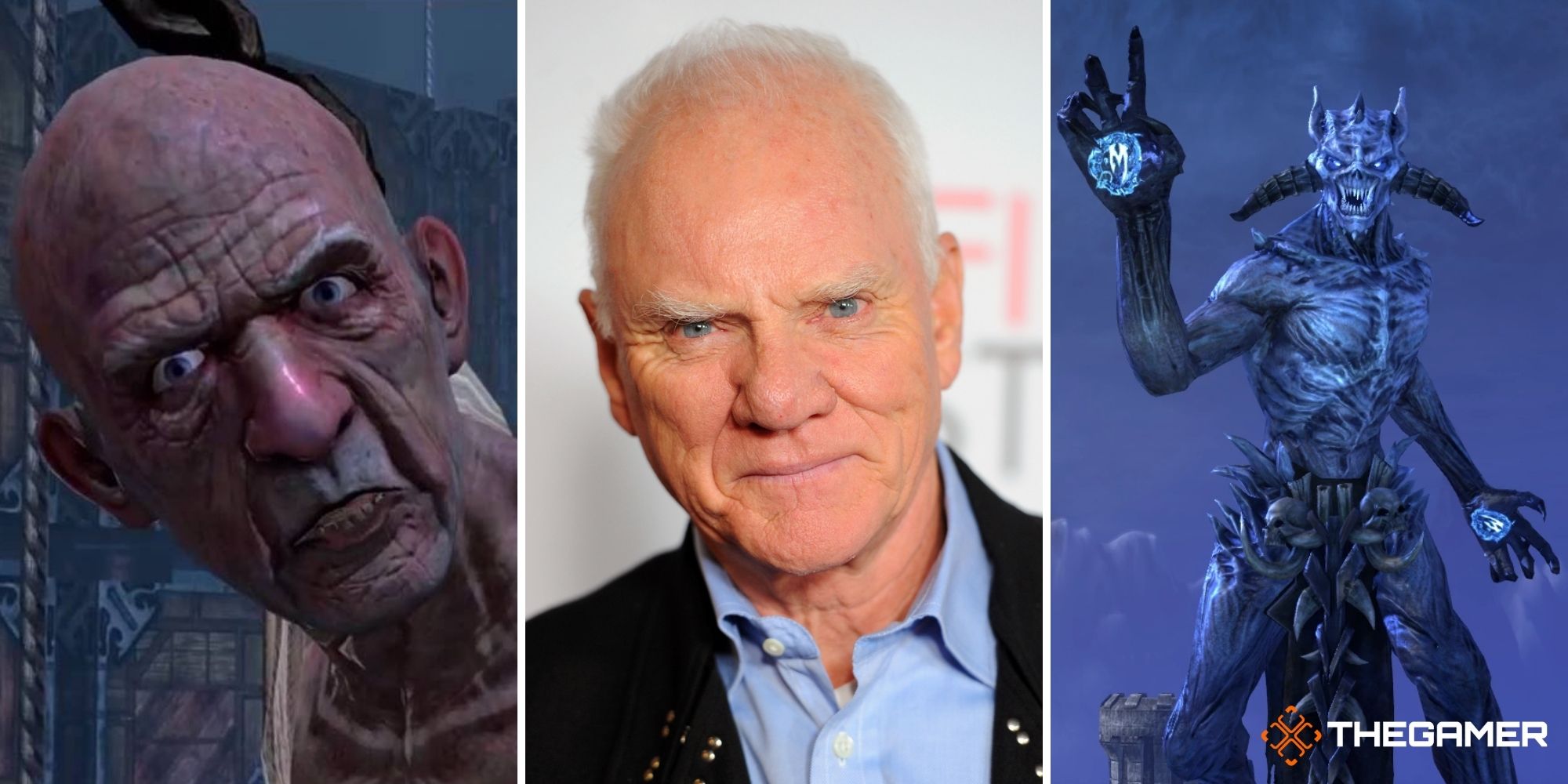 Malcolm McDowell voice acting roles (left, Daedalus in God of War 3, and right, Molag Bal in Elder Scrolls Online)
