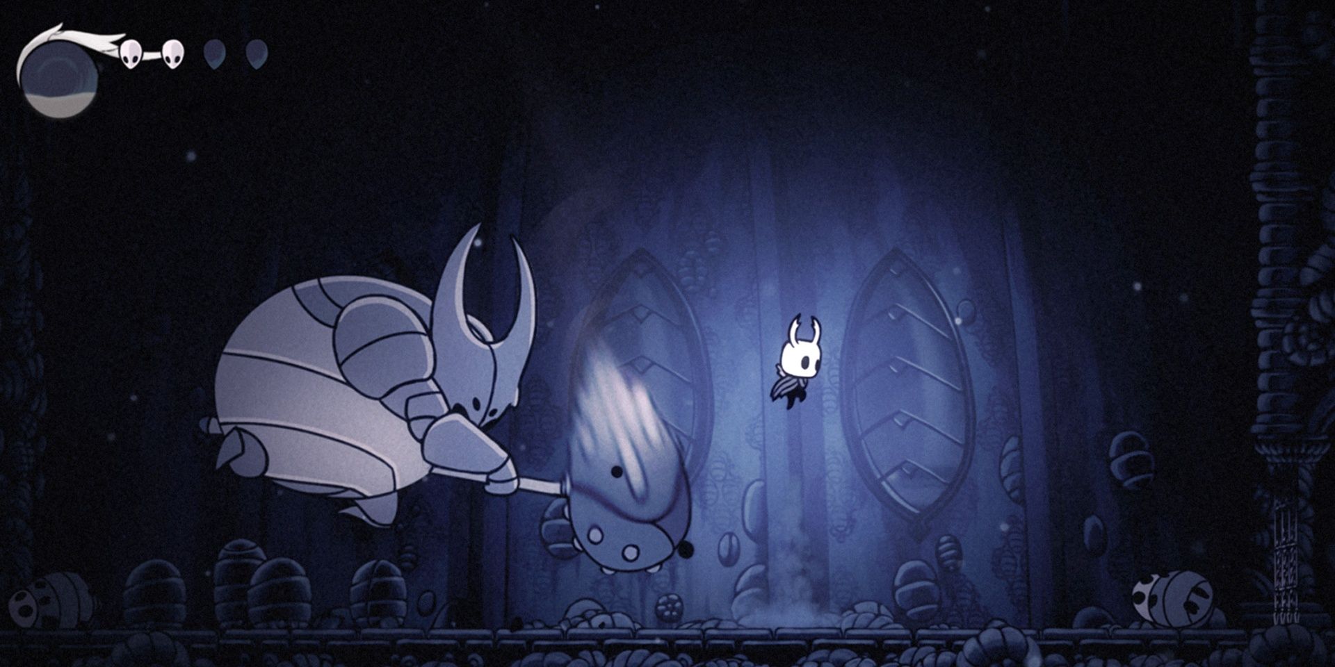 Hollow Knight dodging a large hammer wielding knight
