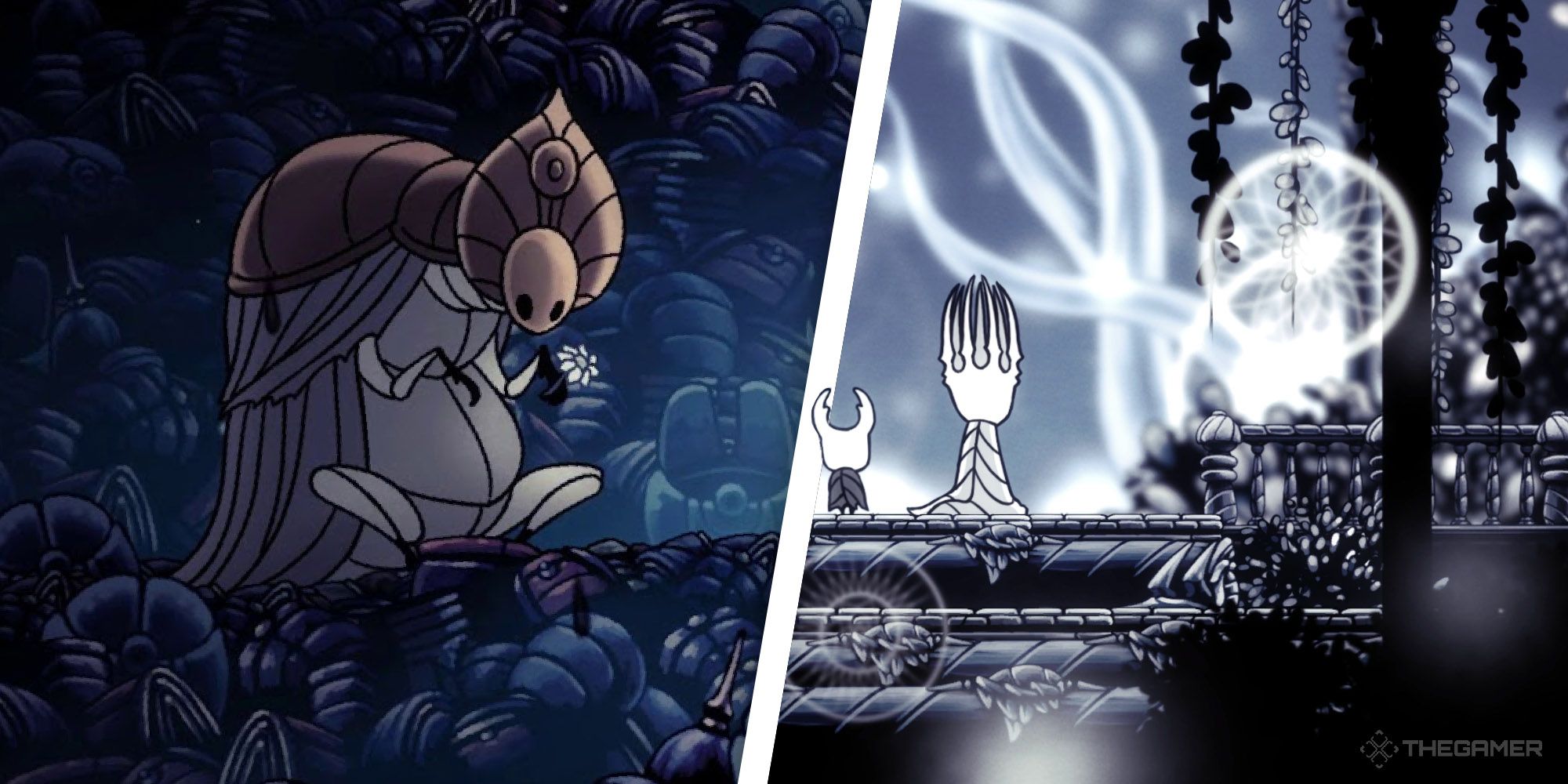 Two screenshots of Hollow Knight, featuring a queen and a DLC character.