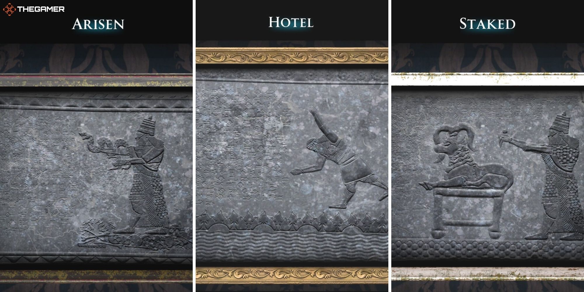 House of Ashes - split image of pictures - Arisen on left, Hotel in centre, Staked on right