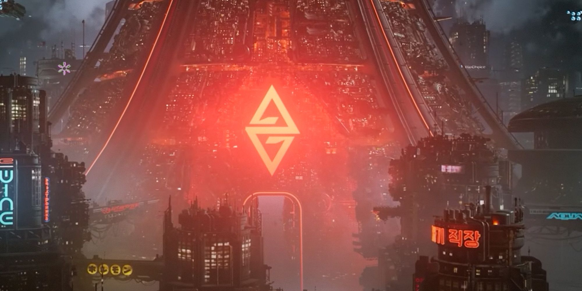 The Ascent. Photo of a huge, towering building with a huge red glowing sign on the front of it.