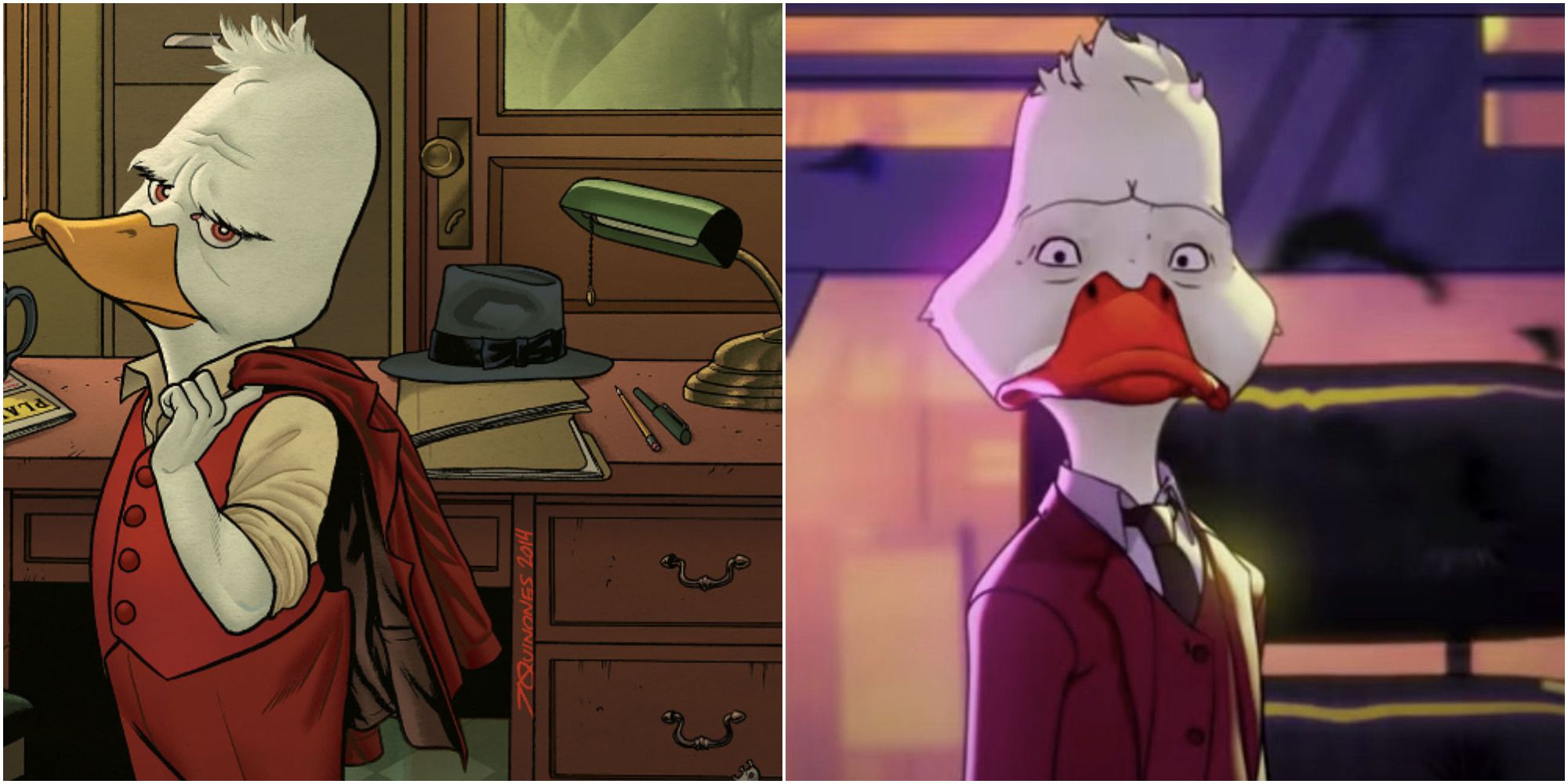 Howard The Duck as he appears in recent comics and the What If Marvel Cinematic Universe animated series