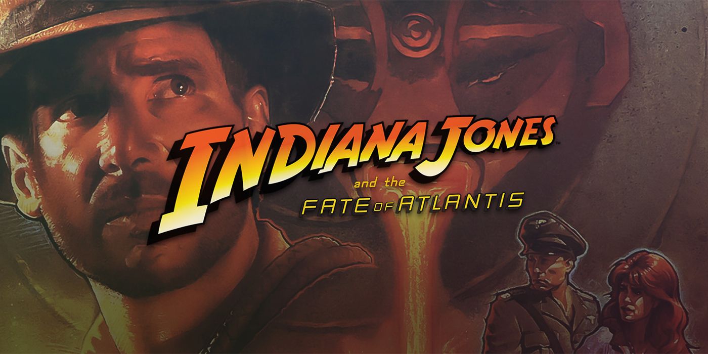 Indiana Jones And The Fate Of Atlantis cover art, featuring the portraits of Indiana Jones, a soldier and a woman