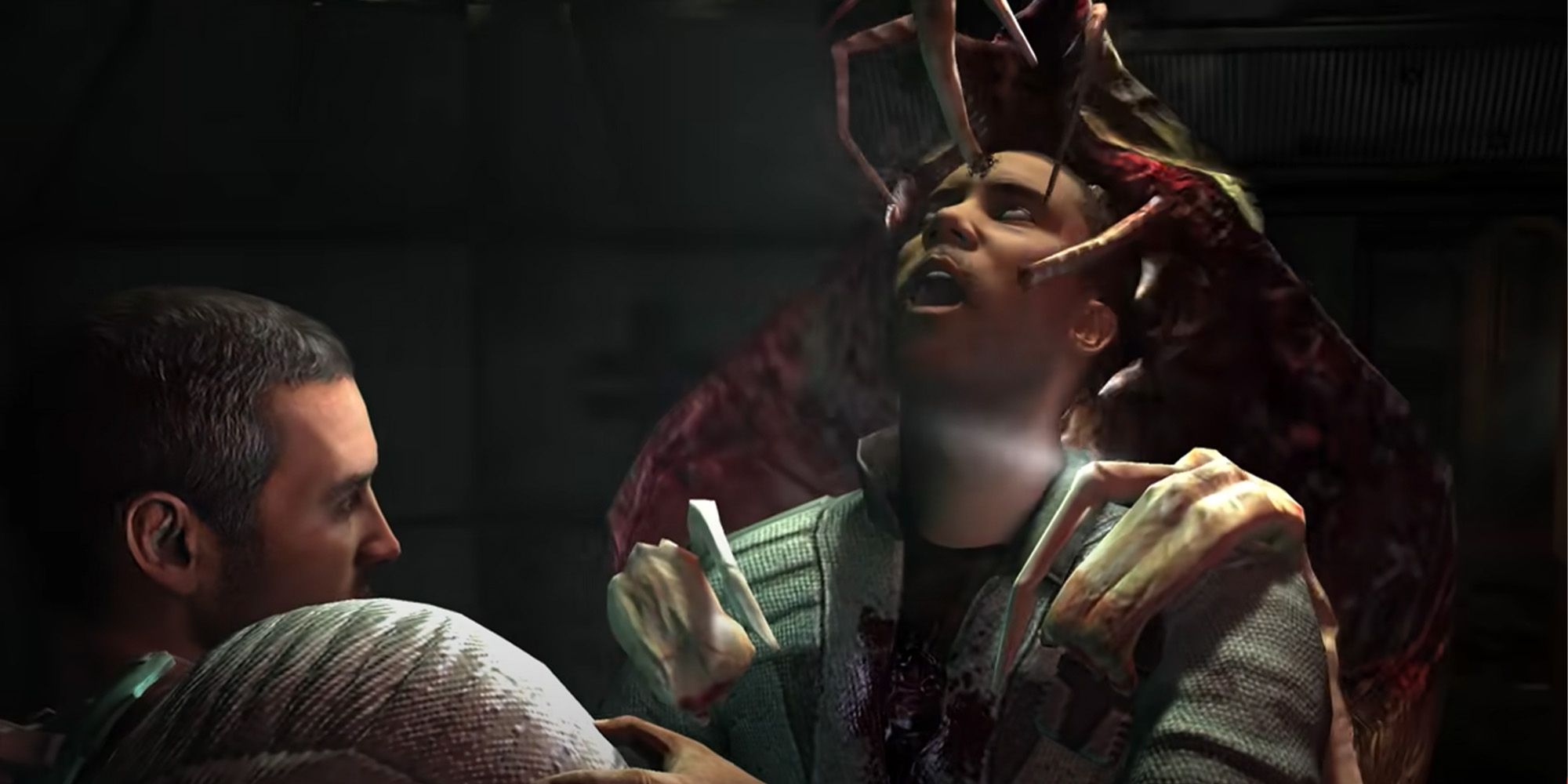 An Infector killing Franco Delille in front of Isaac in Dead Space 2