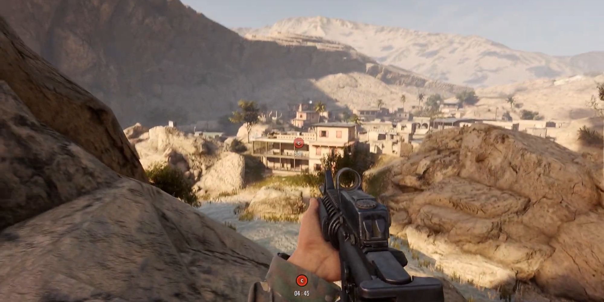 Insurgency Sandstorm Maps a first person perspective of a rifle looking out across a small town against multiple mountains in the distance