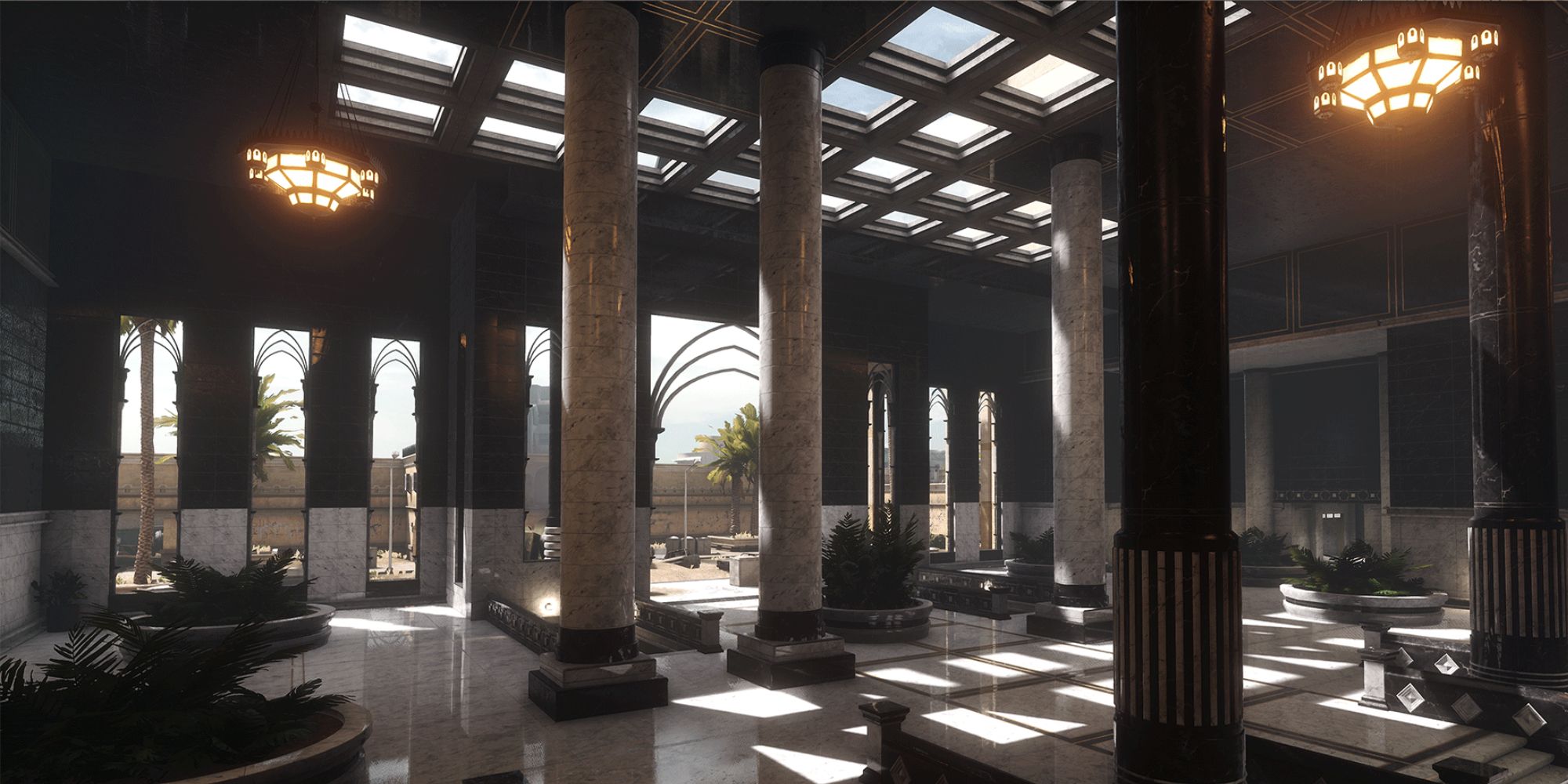 Insurgency Sandstorm Maps a mid shot of the interior of the map Ministry with towering marble pillars in the middle and light breaking through the ceiling