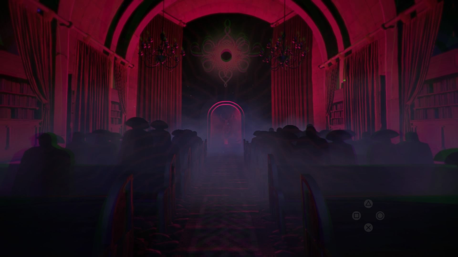 Jett The Far Shore Things That Make No Sense a wide shot of a misty room with purple and red lighting and a group of shadowy figures stood before a doorway