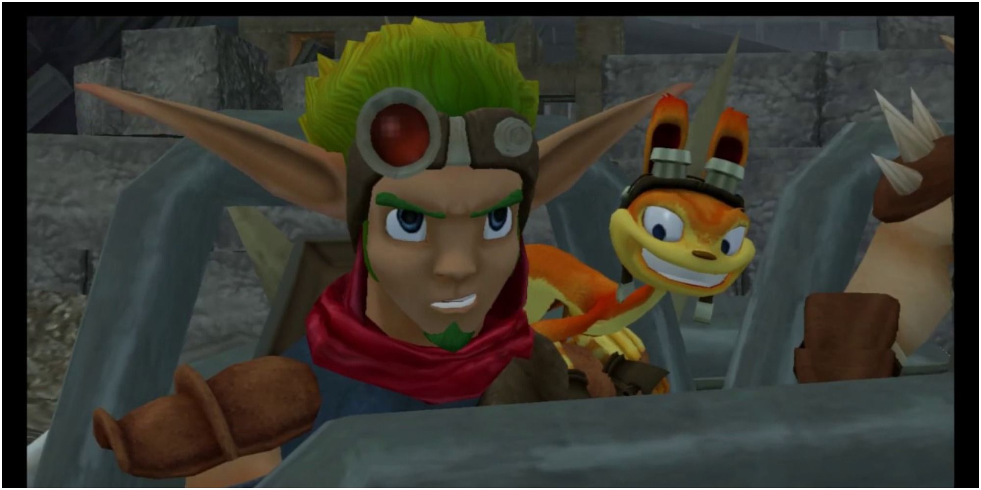 Jak and Daxter in a vehicle