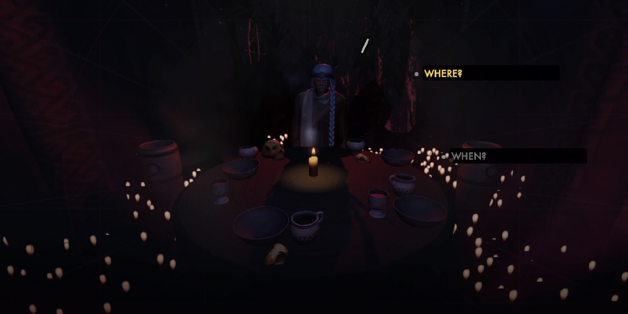Jett The Far Shore Things That Make No Sense mid shot of an old woman surrounded by candles in a dimly lit room with two dialogue options to her right