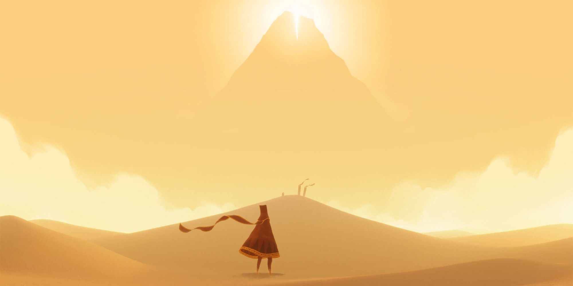 Journey character center with desert surrounding them and mountain on the horizon