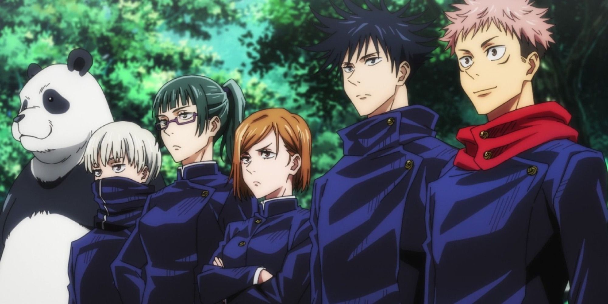 A scene of two teams standing next to each other in the anime Jujutsu Kaisen