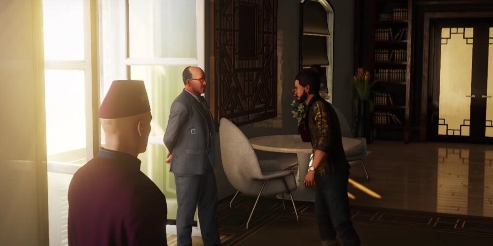Ken Morgan And Jordan Cross talking as a disguised Agent 47 watches In Hitman 2