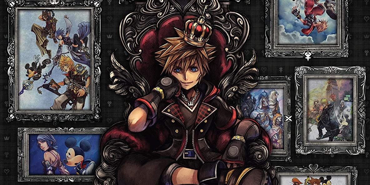 Sora sitzt auf einem Thron, umgeben von Porträts der verschiedenen Kingdom Hearts-Spiele