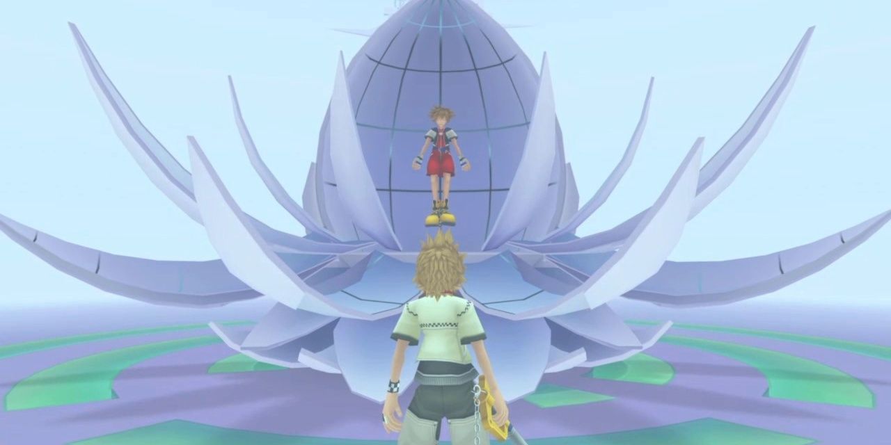 Roxas meets Sora in a large white room while Sora is in a flower-like machine