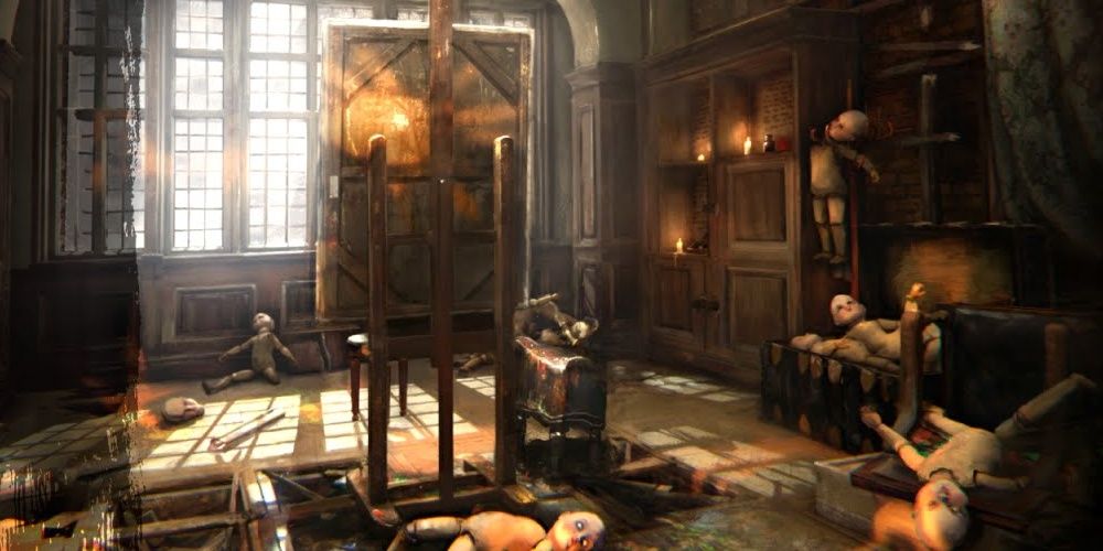 A Screenshot From The Layers of fear Menu Screen Featuring An Easel And Dolls