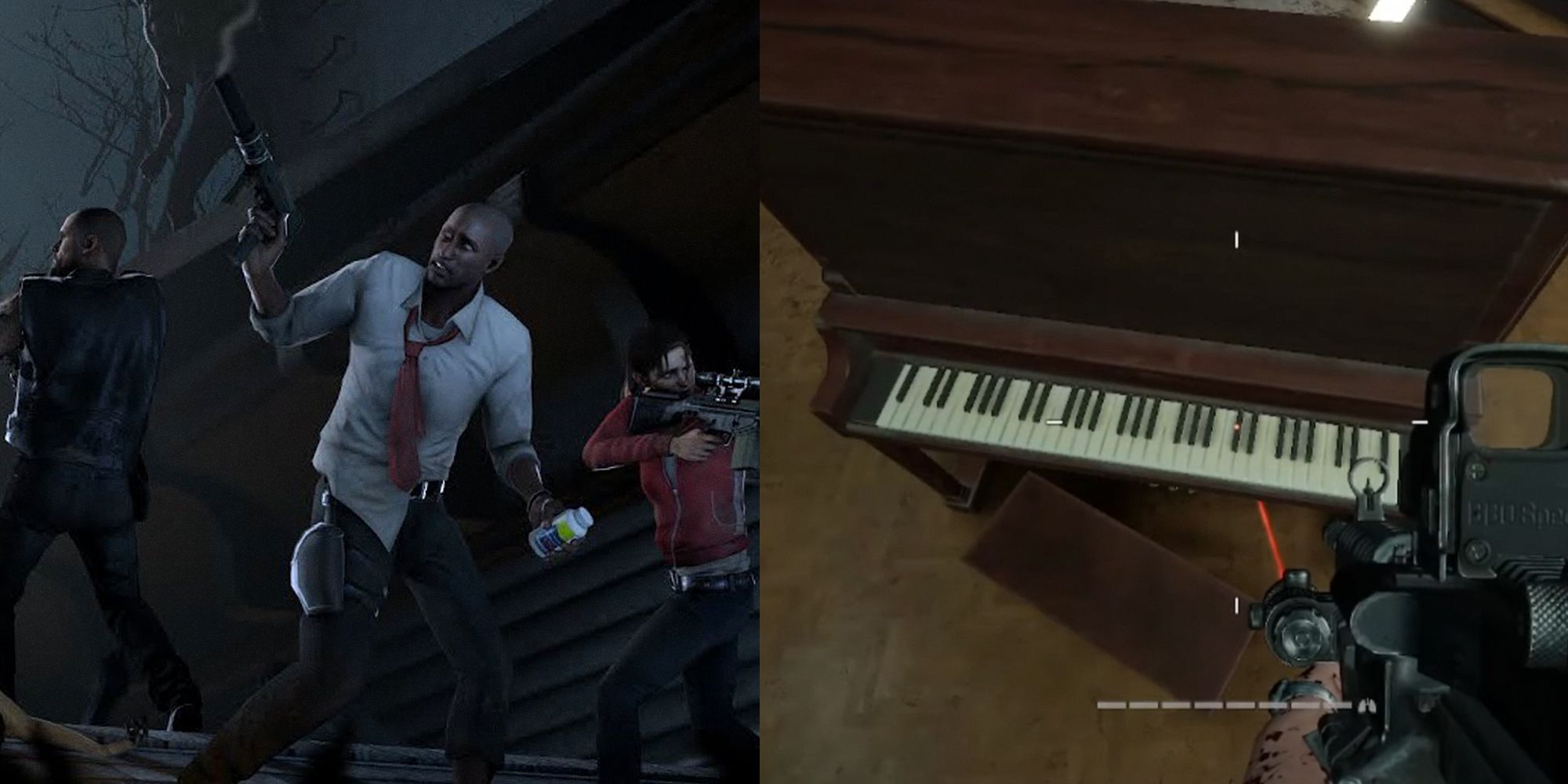 Left 4 Dead, Back 4 Blood. Split image. Left 4 Dead characters on left, screenshot of piano from Back 4 Blood on right.
