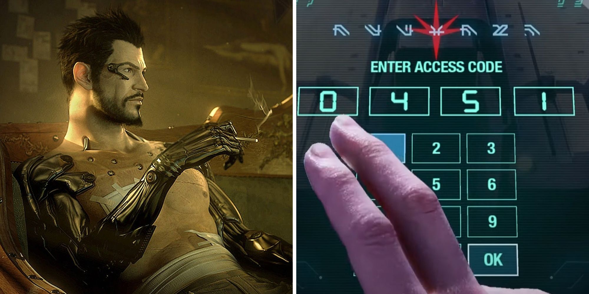 Marvel's Guardians Of The Galaxy. Split Image. Deus Ex on the left and passcode on the right.